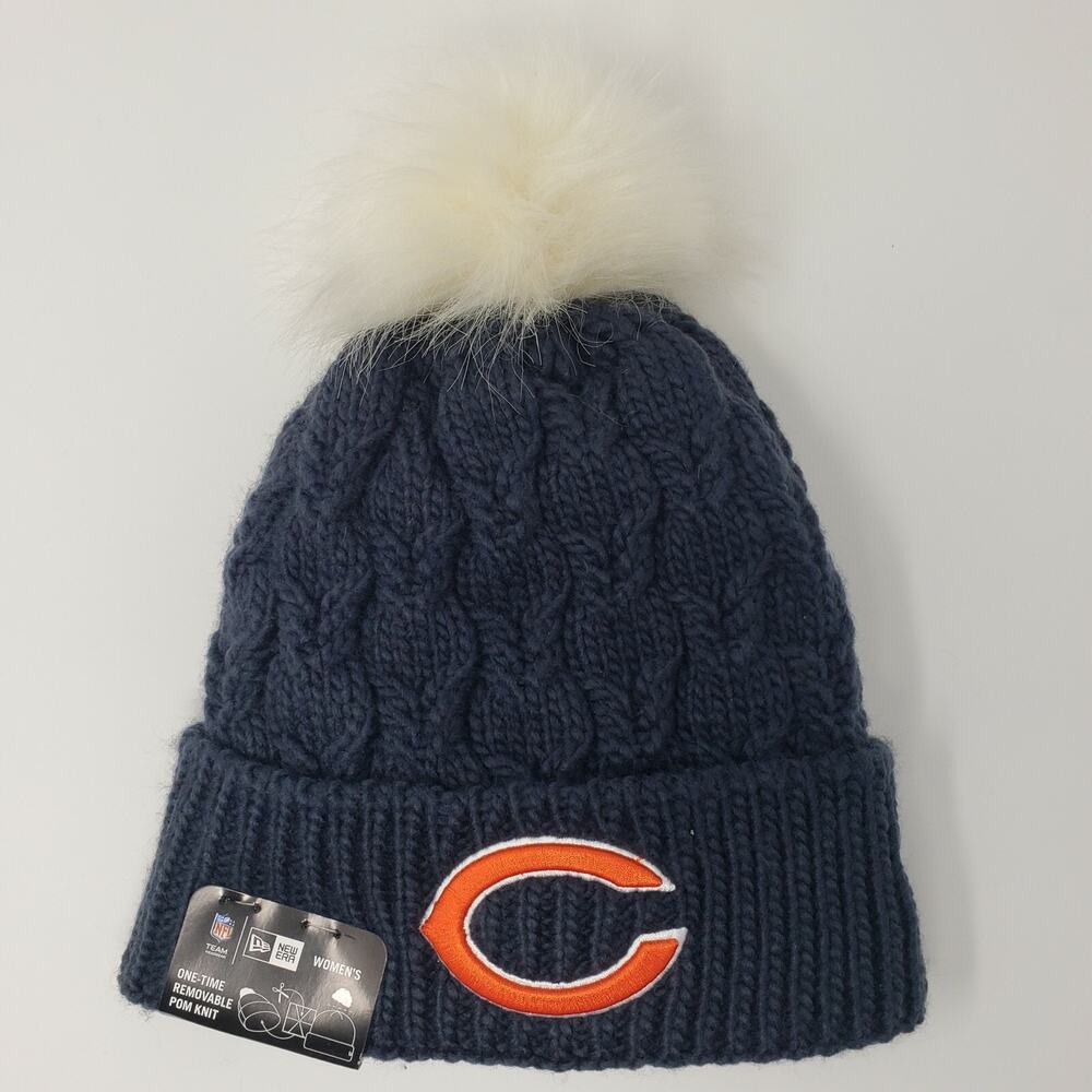 New Era Chicago Bears Beanie Navy Flurry Cable Knit Removable Pom Lined Hat NEW
